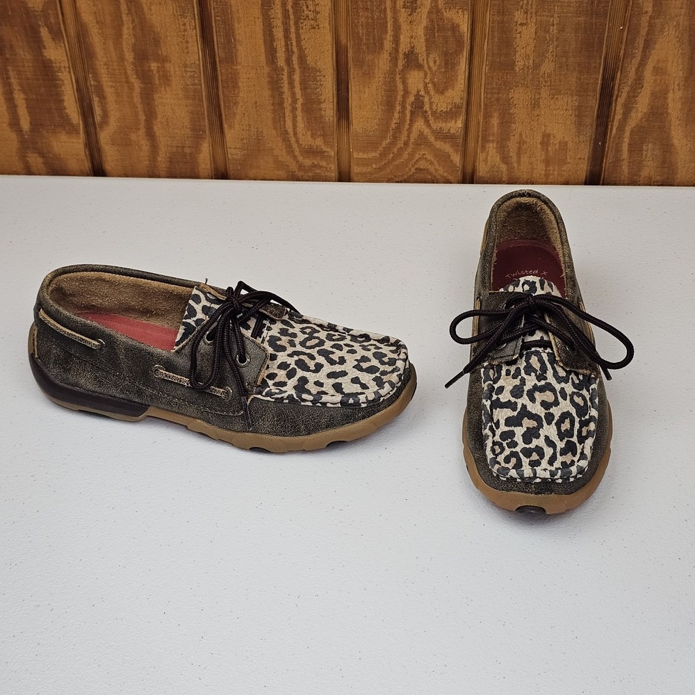 Twisted X Driving Moc Boat Shoes Womens 6 M Low Leopard Print Leather Brown